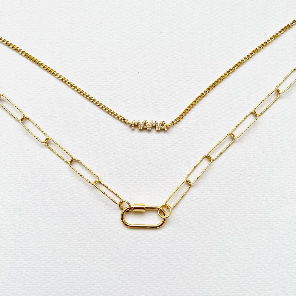 Gold Rhinestone Mama two Necklace Stack with oval carabiner